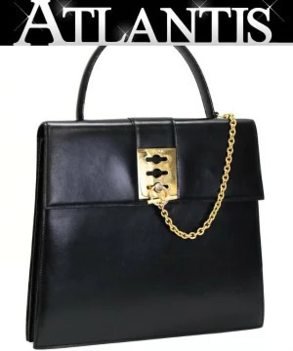 Celine Chain Lock Handbag Leather Black